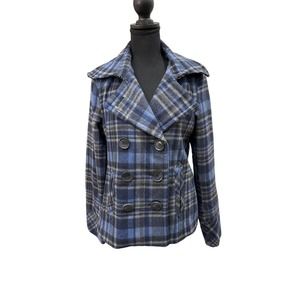Aeropostale Women’s Blue/Gray Plaid Lined Wool Peacoat NWT Size Large